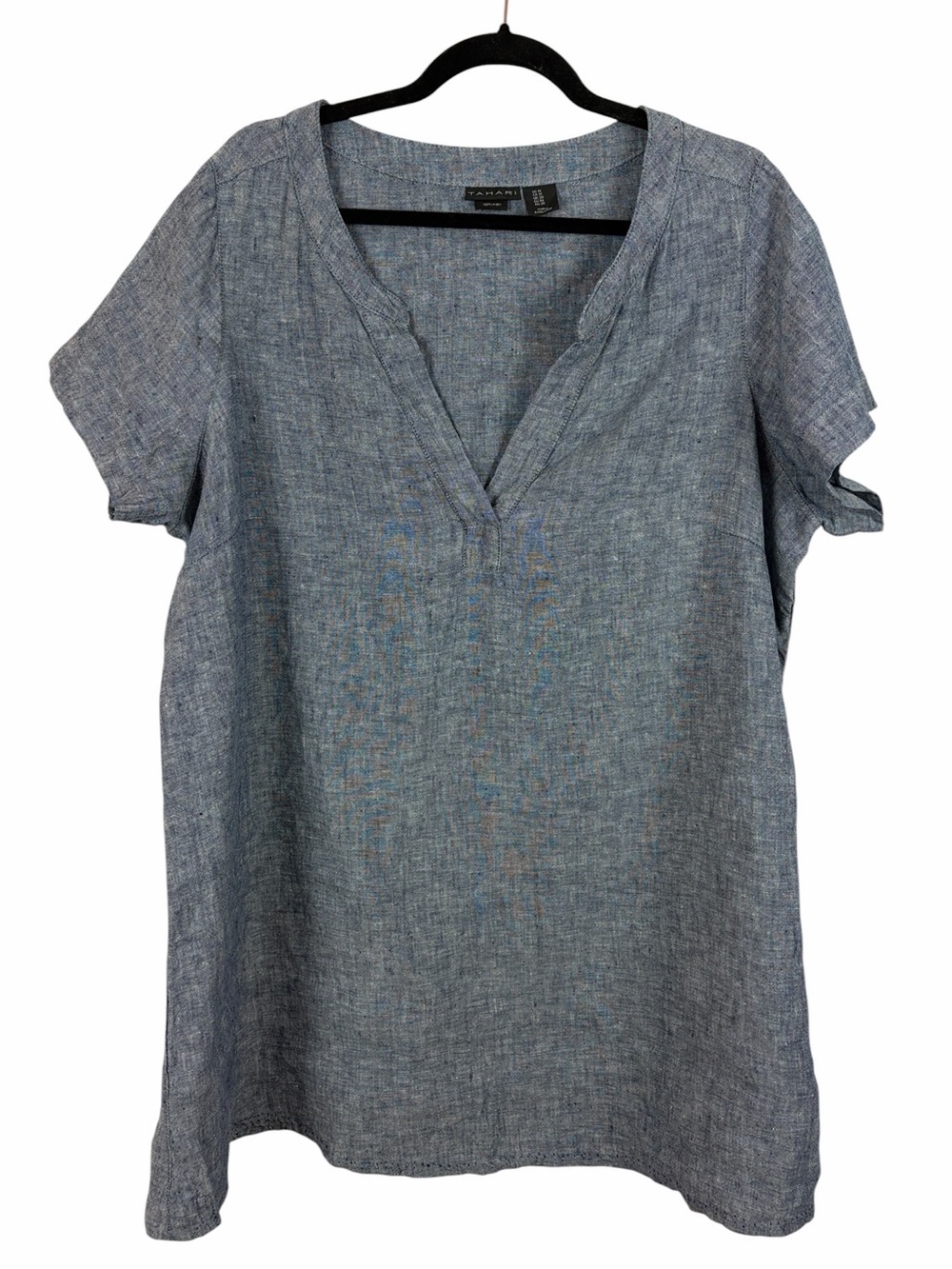 Tahari 100% Linen Chambray Blue Split Neck Blouse Plus Size 1X